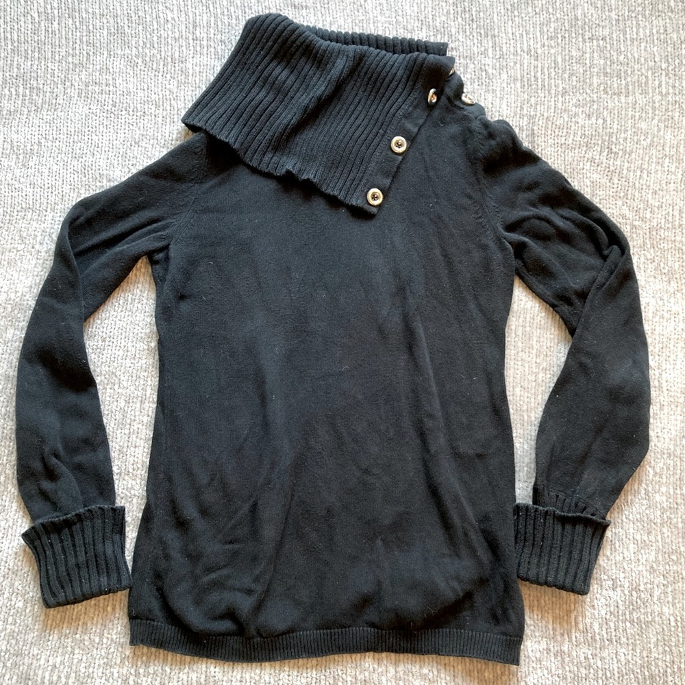 Banana Republic Y2K Black Cotton Cowl Neck Sweater Silver Buttons Size M